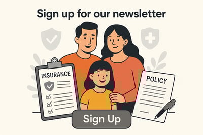 Newsletter signup illustration showing a family and insurance documents Newsletter signup illustration showing a family and insurance documents