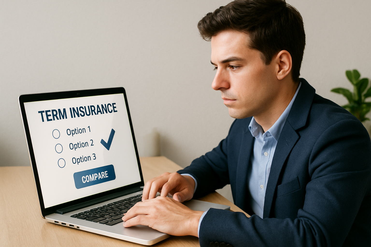 A young professional reviewing term insurance options on a laptop.